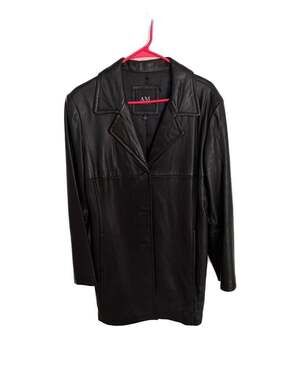 AM Studio Black Leather Mid-Length Button-Up Jacket Coat Size XL